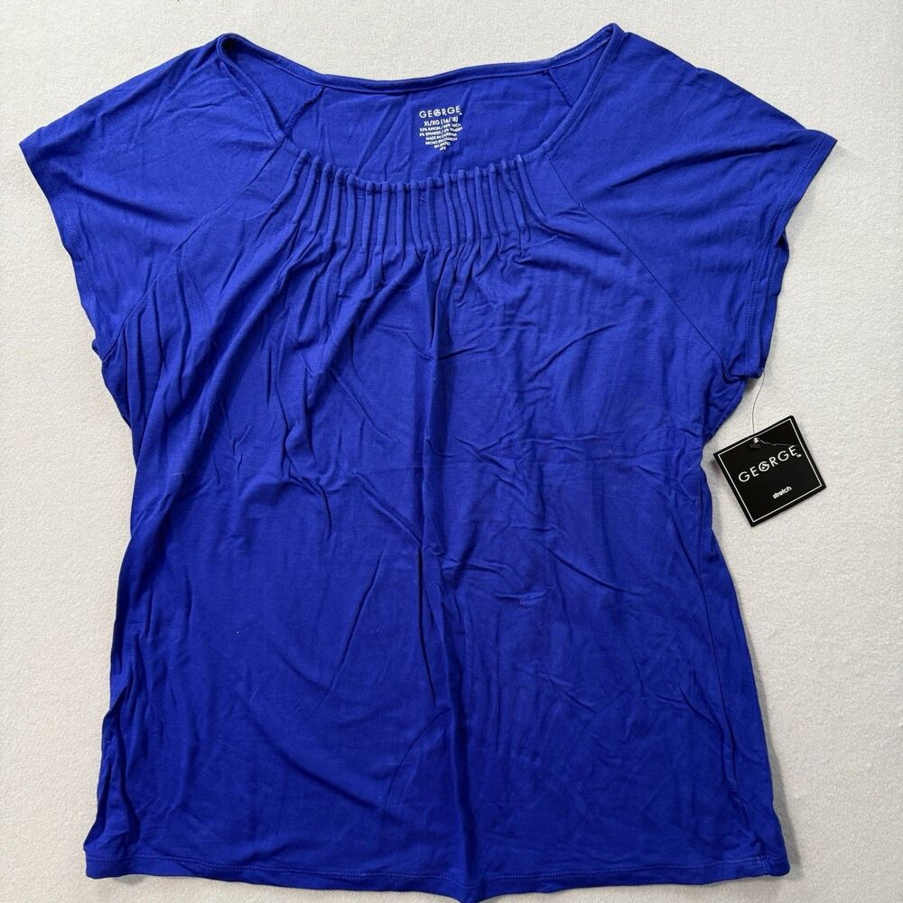 NWT George Women XL Royal Blue Pintuck Scoop Neck Pleated Short Sleeve Top